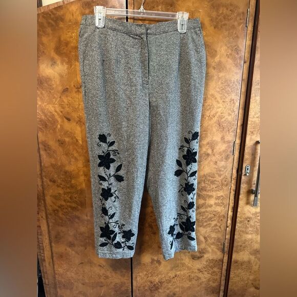 Chic Gray Pants with Black Floral Embroidery - Picture 1 of 6